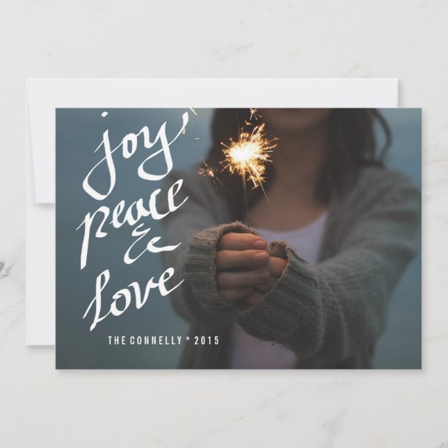 Joy Peace Love Script Whimsical Holiday Photo Card (Front)