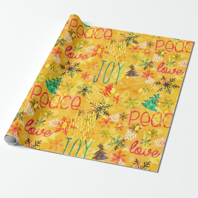 Joy Peace Love Typography Yellow Christmas pattern Wrapping Paper (Unrolled)