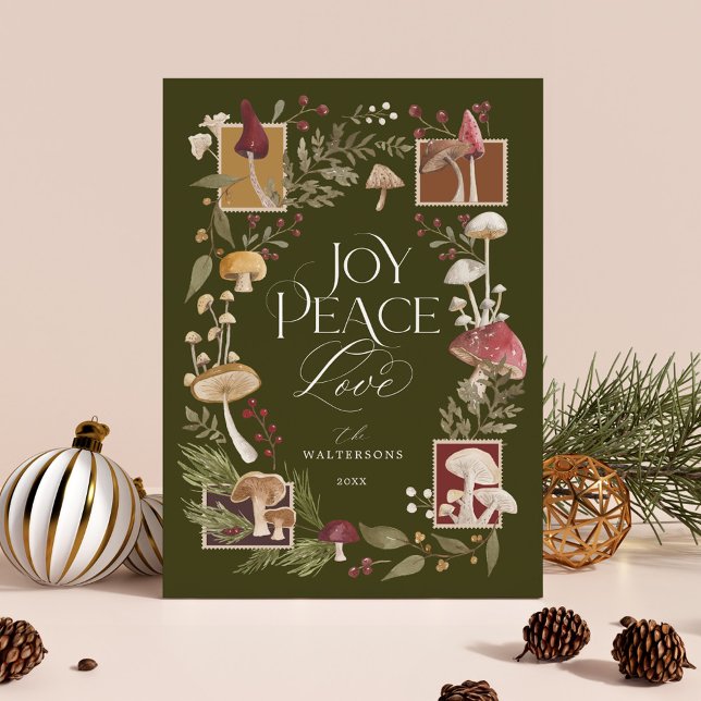 Joy Peace Love Watercolor Woodsy Mushrooms Photo Holiday Card (Joy Peace Love Watercolor Woodsy Mushrooms Photo H Holiday Card)