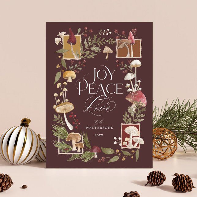 Joy Peace Love Watercolor Woodsy Mushrooms Photo Holiday Card (Joy Peace Love Watercolor Woodsy Mushrooms Photo Holiday Card)