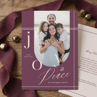 Joy & Peace Minimal Plaid Arch Photo Christmas Holiday Card