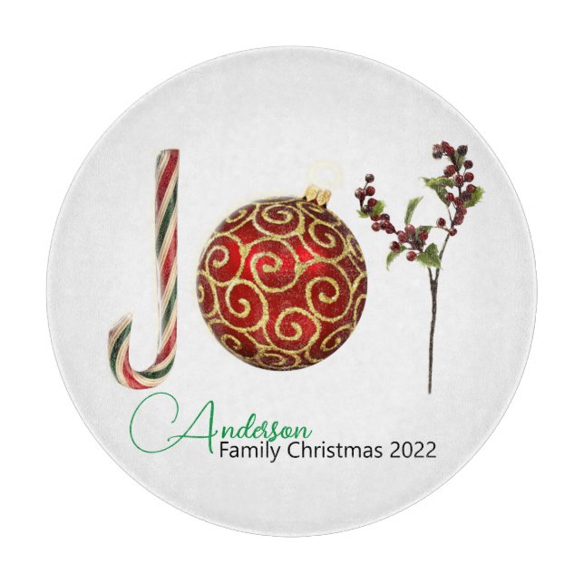 Joy personalised candy cane ornament holly cutting board (Front)