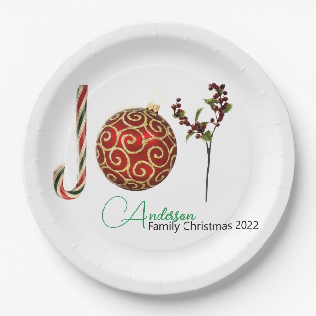 Joy personalised candy cane ornament holly latte paper plate (Front)