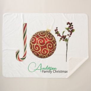 Joy personalised candy cane ornament holly sherpa blanket
