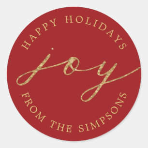 Joy Personalised Red Holiday Classic Round Sticker