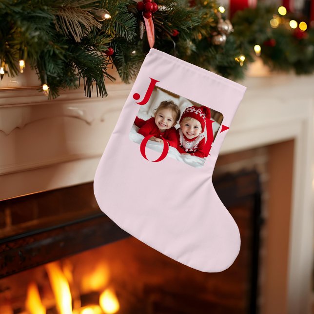 JOY | Personalised Red & Pink Christmas Photo Large Christmas Stocking (Creator Uploaded)