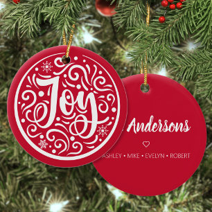 Joy Personalized Family Name Christmas Holiday Red Ceramic Tree Decoration