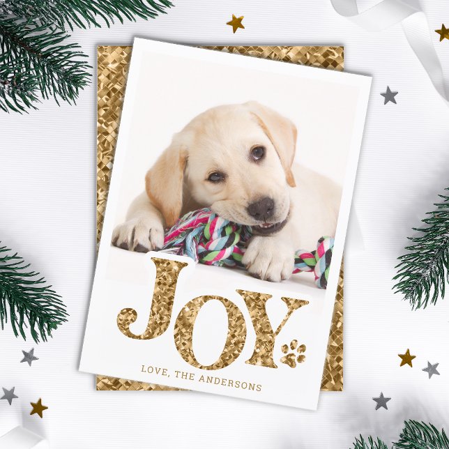 JOY Personalized Pet Photo Gold Paw Print Dog Holiday Card (Creator Uploaded)