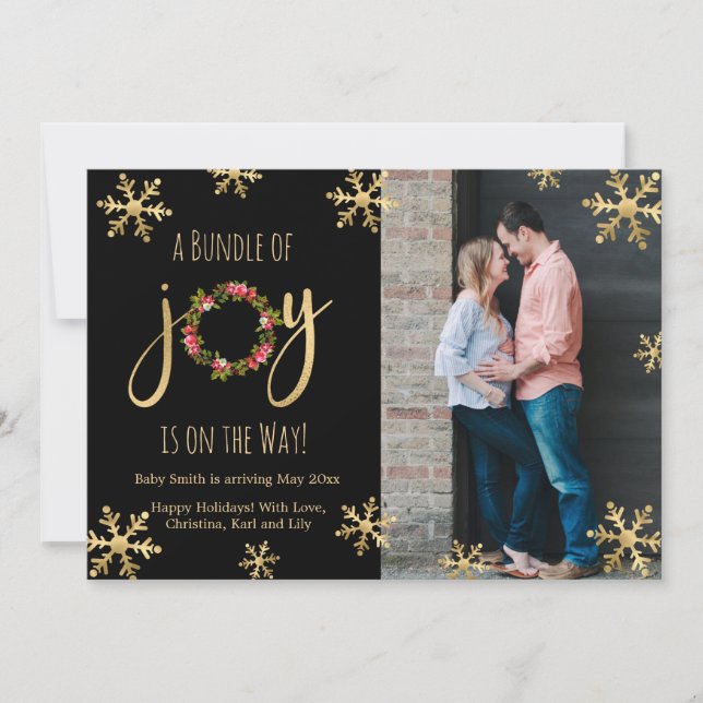 Joy Photo Christmas Pregnancy Announcement Cards (Front)