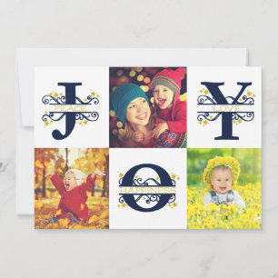 Joy Photo Collage White and Blue Christmas Holiday Card
