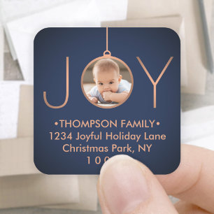 JOY Photo Navy Blue Christmas Return Address Label