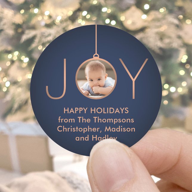 JOY Photo Navy Blue Copper Elegant Modern Holiday Classic Round Sticker (Creator Uploaded)