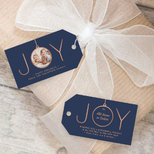 JOY Photo Navy Blue Copper Elegant Modern Holiday Gift Tags