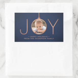 JOY Photo Navy Blue Copper Elegant Modern Holiday Rectangular Sticker