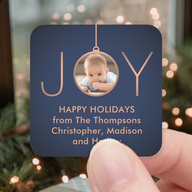 JOY Photo Navy Blue Copper Elegant Modern Holiday Square Sticker (Creator Uploaded)