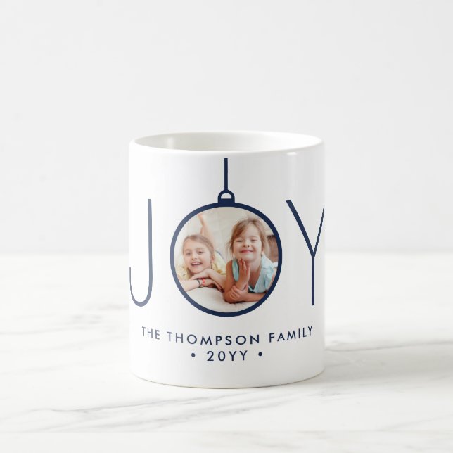 JOY Photo Navy Blue White Modern Christmas Holiday Coffee Mug (Center)