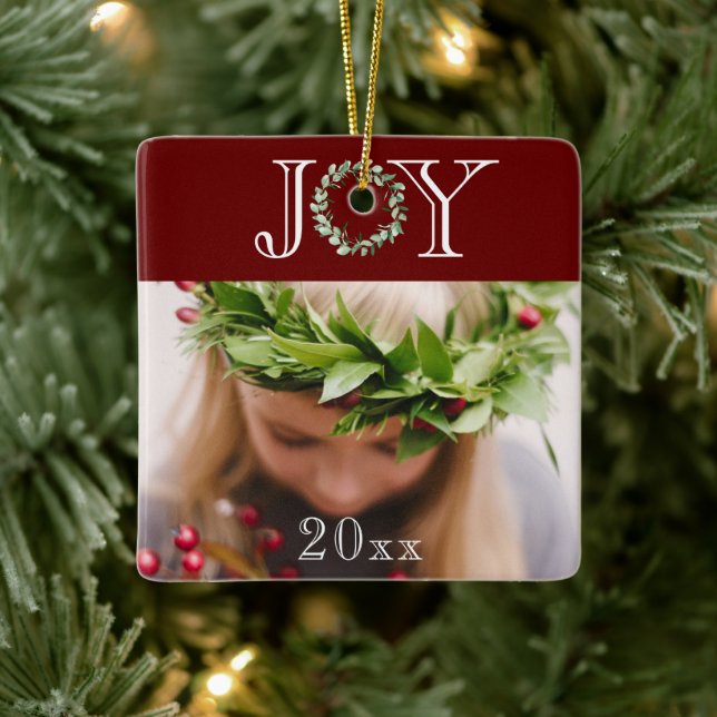 Joy Photo Personalised Red Holiday Christmas  Ceramic Ornament (Tree)
