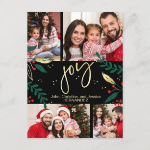 Joy Photo Red Gold Christmas Greenery Black Holiday Postcard