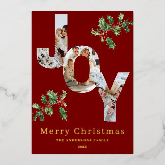 JOY photo template red foil holiday card