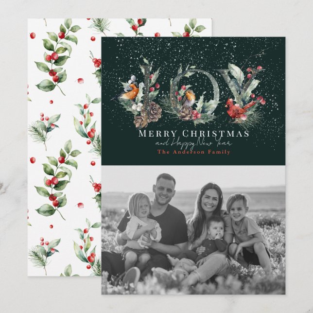 JOY Pine Cone Red Berry Bird Green Christmas Photo Holiday Card (Front/Back)
