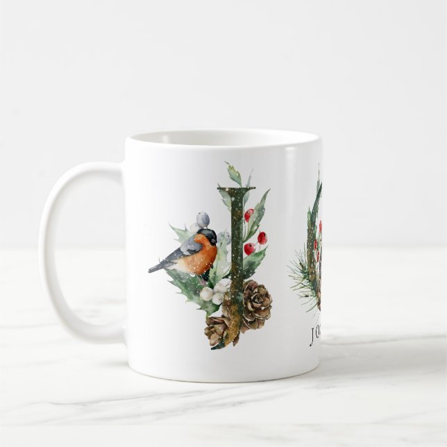 JOY Pine Cone Red Berry Birds Christmas Holiday Coffee Mug (Left)