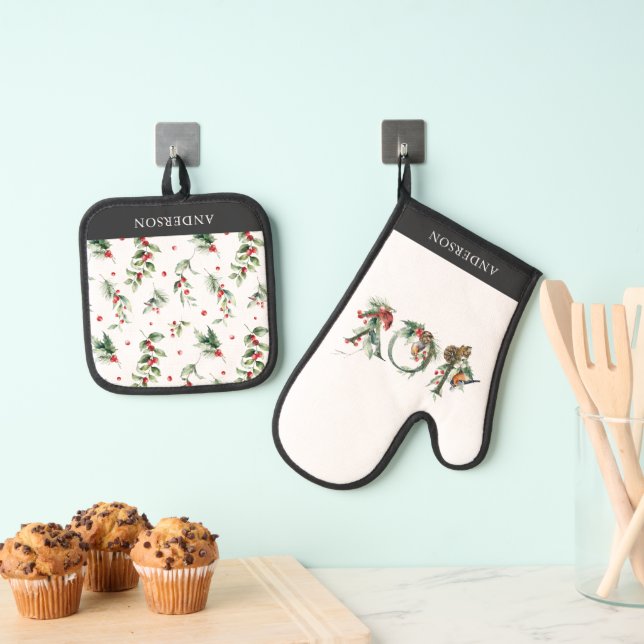 JOY Pine Cone Red Berry Birds Holiday Oven Mitt & Pot Holder Set (Insitu(Hanging))