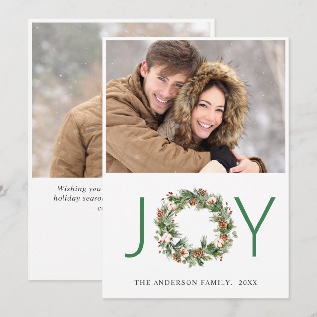 JOY Pine Cones Fir Wreath Christmas 2 PHOTO Holiday Card (Front/Back)