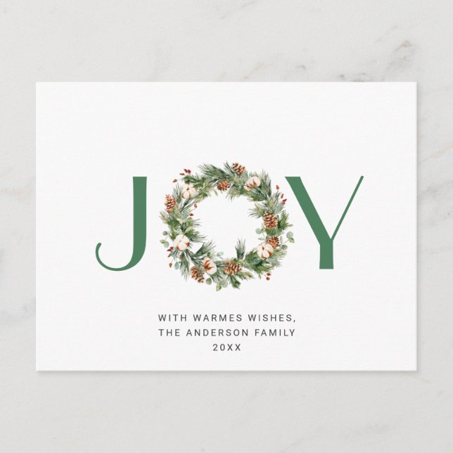 JOY Pine Cones Fir Wreath Merry Christmas Holiday Postcard (Front)