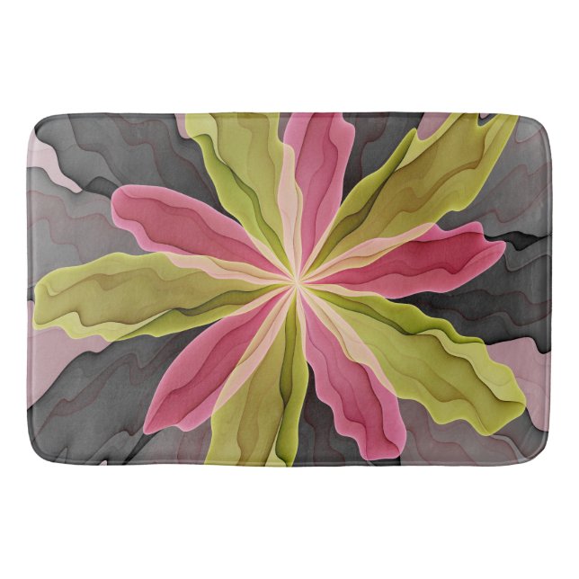 Joy, Pink Green Anthracite Fantasy Flower Fractal Bath Mat (Front)