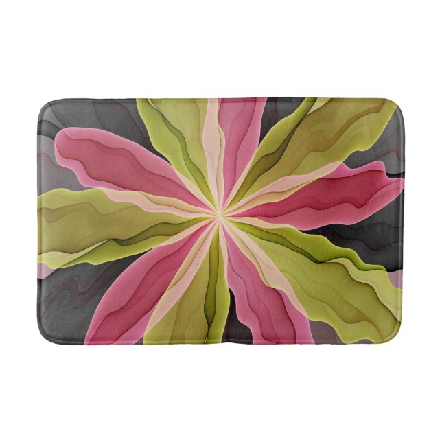 Joy, Pink Green Anthracite Fantasy Flower Fractal Bath Mat (Front)