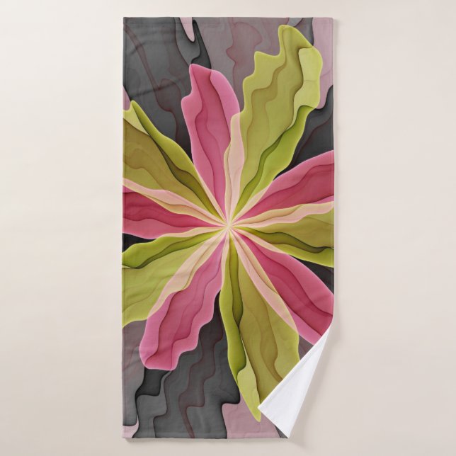 Joy, Pink Green Anthracite Fantasy Flower Fractal Bath Towel (Bath Towel)