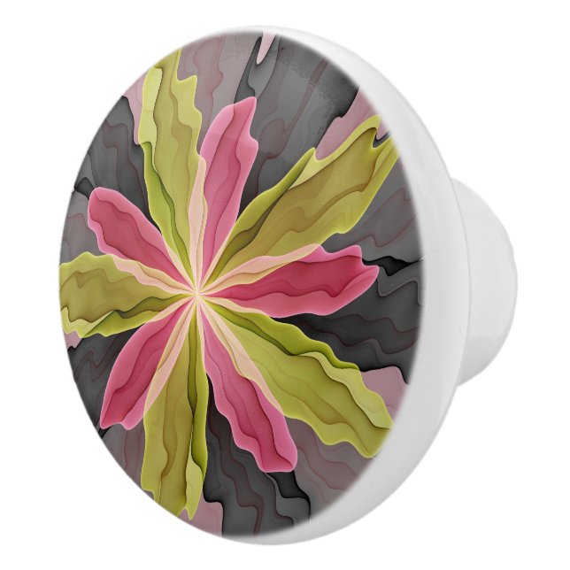 Joy, Pink Green Anthracite Fantasy Flower Fractal Ceramic Knob (Right)