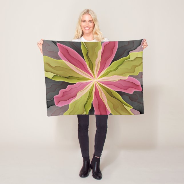 Joy, Pink Green Anthracite Fantasy Flower Fractal Fleece Blanket (In Situ)