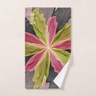 Joy, Pink Green Anthracite Fantasy Flower Fractal Hand Towel