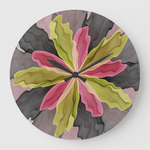 Joy, Pink Green Anthracite Fantasy Flower Fractal Large Clock