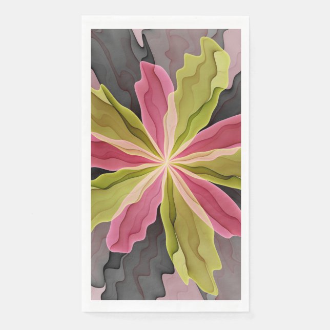 Joy, Pink Green Anthracite Fantasy Flower Fractal Napkin (Front)
