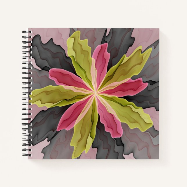 Joy, Pink Green Anthracite Fantasy Flower Fractal Notebook (Front)