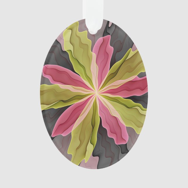 Joy, Pink Green Anthracite Fantasy Flower Fractal Ornament (Front)