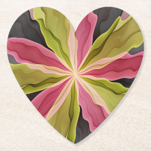 Joy, Pink Green Anthracite Fantasy Flower Fractal Paper Coaster