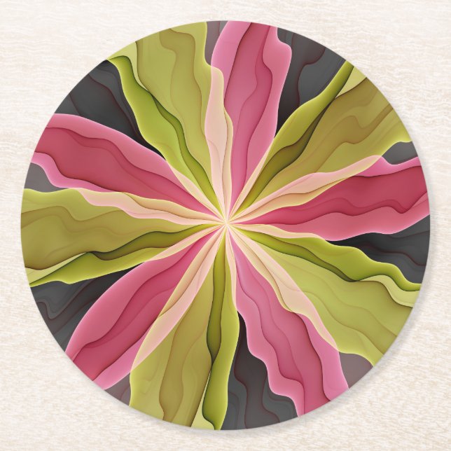 Joy, Pink Green Anthracite Fantasy Flower Fractal Round Paper Coaster (Front)
