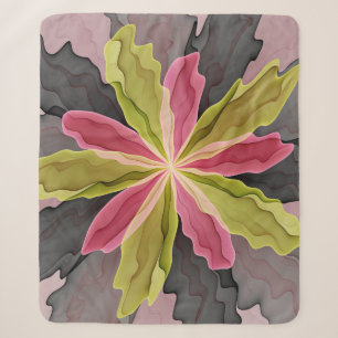 Joy, Pink Green Anthracite Fantasy Flower Fractal Sherpa Blanket