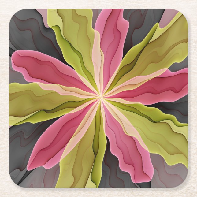 Joy, Pink Green Anthracite Fantasy Flower Fractal Square Paper Coaster (Front)