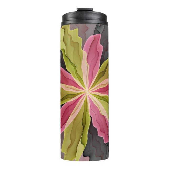 Joy, Pink Green Anthracite Fantasy Flower Fractal Thermal Tumbler (Front)