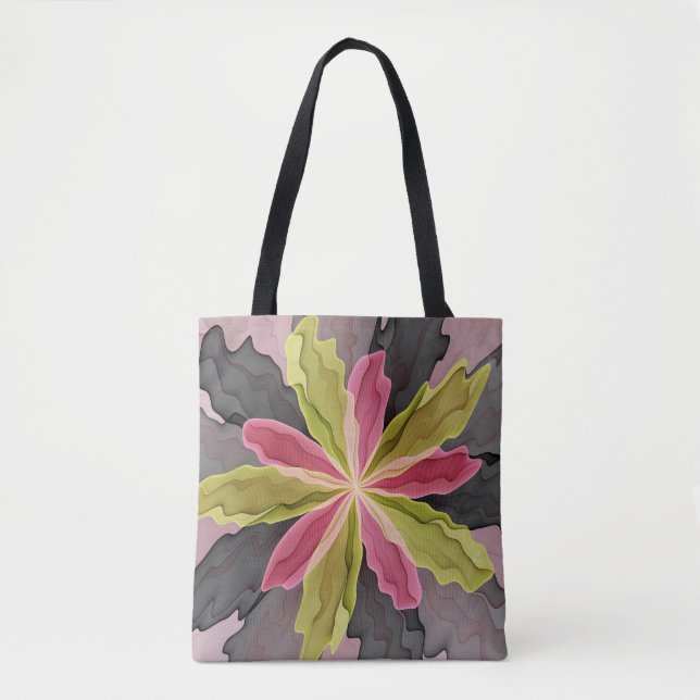 Joy, Pink Green Anthracite Fantasy Flower Fractal Tote Bag (Front)