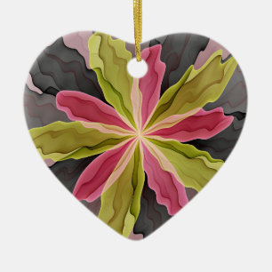 Joy, Pink Green Anthracite Flower Fractal Heart Ceramic Tree Decoration