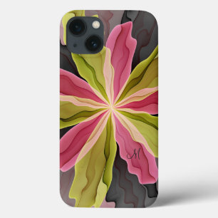 Joy, Pink Green Anthracite Flower Fractal Monogram iPhone 13 Case