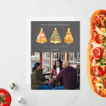 Joy Pizza Love Christmas Chalkboard Photo Holiday Card<br><div class="desc">Illustration of tree Christmas tree shaped pizza slices topped with stars.  Background is chalkboard inspired.  Personalise the name,  year,  and photo.</div>