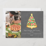 Joy Pizza Love Christmas Italian Chalkboard Photo Holiday Card<br><div class="desc">Illustration of Christmas tree shaped pizza slice topped with stars.  Background is chalkboard inspired. Personalise the name,  year,  and photo.</div>