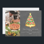 Joy Pizza Love Christmas Italian Chalkboard Photo Holiday Card<br><div class="desc">Illustration of Christmas tree shaped pizza slice topped with stars.  Background is chalkboard inspired. Personalise the name,  year,  and photo.</div>