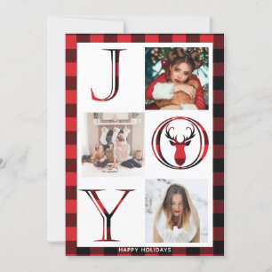 Joy Plaid 3 Photo Collage Holiday Card